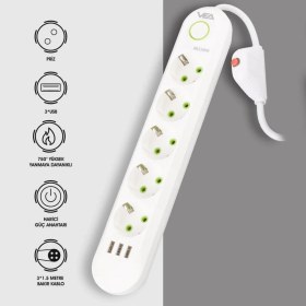 Resim Gaman 5'li Akım Korumalı Priz 1.5 Metre Uzatma Kablosu 3 USB Girişli Beyaz Renkli 