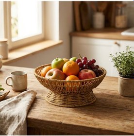 Resim Hobibahçem 25 Cm Plastik Rattan Servis Çanağı - Doğal Hasır Görünümlü Dekoratif Meyve, Ekmek Ve Sunum Kasesi 