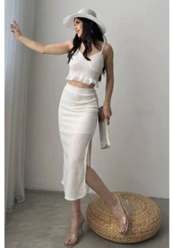 Resim Tane Tasarım Askılı Fırfırlı Crop Bluz Fileli Etek Yazlık Triko Alt Üst Takım Beyaz Beyaz 