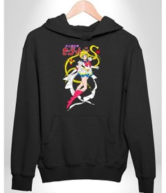 Resim Sailor Moon Anime Usagi Tsukino Kadın Erkek Siyah Kapüşonlu Sweatshirt Hoodie Siyah 