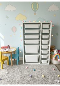 Resim 14 Çekmeceli Çok Amaçlı Oyuncak Dolabı ve Saklama Ünitesi Çocuk Odası Düzenleyici Etiket Hediyeli Beyaz 