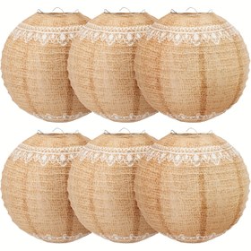 Resim 6 adet Boho Chic Burlap Kağıt Feneri Dantel Kenarlıklı - 20.32cm Yuvarlak Rustik Çiftlik Evi Dekoru Düğünler, Doğum Günleri ve Sınıf Parti için - İç Mekan Asılı Dekorasyon ile İngilizce Metin, Etkinlik Dekoru | Rustik Çiftlik Evi Stili | Burlap Kağıt Fenerleri, Fenerler Ev Dekoru 