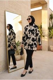 Resim Kirazca Butik Kadın Premium Kontrast Desenli Oversize Gömlek Yaka Tesettür Tunik Rahat Kalıp 