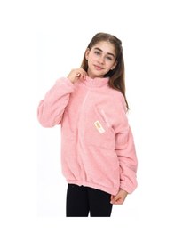Resim Toontoy Kız Çocuk Dik Yaka Fermuarlı Cepli Düşük Omuz Nakış Baskılı Peluş Hırka Pudra 