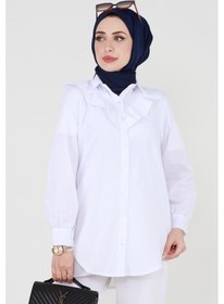 Resim Sevitli Yakası Kat Detaylı Poplin Tunik-beyaz-3520-beyaz Beyaz 