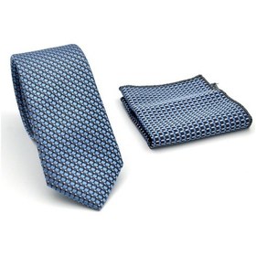 Resim Gaffy Beyaz Küçük Kare Desenli Mavi Dokuma Kumaş Mendilli Slim Fit Kravat // Sdk-2511-5 Mavi 