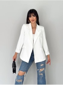 Resim han fashion Kadın Beyaz Kruvaze Yaka Cepli Astarlı Katlanabilir Kol Blazer Ceket 