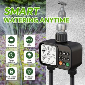 Resim 1 adet Otomatik Sulama Zamanlayıcı, Programlanabilir Hortum Su Zamanlayıcılı Çift Çıkışlı Akıllı Fıskiye, Bitkiler için Oto Yağmur Geciktirme Özelliği ile Bahçe, Çim, Dış Mekan, Tarım Sulama Aksesuarları 
