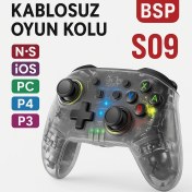 Resim Kablosuz Oyun Kolu Pc, Ps3, Ps4, Nintendo Switch, Ios Uyumlu LED Işıklı Şeffaf Tasarım Titreşimli 