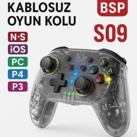Resim Kablosuz Oyun Kolu Pc, Ps3, Ps4, Nintendo Switch, Ios Uyumlu LED Işıklı Şeffaf Tasarım Titreşimli 