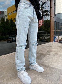 Resim Buz Mavisi Dizi Yırtık Baggy Erkek Jean Pantolon Buz Mavi 
