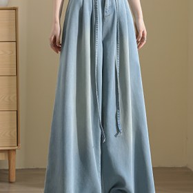 Resim Kadınlar İçin Hafif Yazlık Geniş Paça Kot Pantolon - Ayarlanabilir Bel, Yumuşak Dantel Kumaşlı Rahat Kesim, İlkbahar/Sonbahar Günlük Giyim, Çok Amaçlı Casual Pantolon 