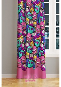 Resim Sevimli Emoji Desenli Fon Perde Genç Odası Oturma Odası Süet Dijital Baskı Ekstrafor Büzgü Tek Kanat Çok Renkli 