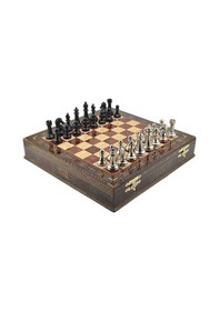 Resim Gifthome Premium Black Metal Klasik Satranç Takımı Ve El İmali Masif Ahşap Sandıklı Gül Tahtası 38x38x6 Cm. 