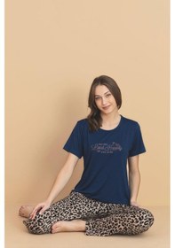 Resim Pijamerry Kadın Bisiklet Yaka Milan Kumaş Likralı Kısa Kollu Pijama Takımı 5944 - 1 Adet Lacivert 