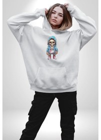 Resim Hiphop Kurukafa Hoodie Kadın Erkek Beyaz Kapüşonlu Sweatshirt Hoodie Beyaz 