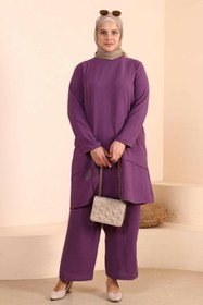 Resim Kadin Tesettur Giyim Buyuk Beden Tesettur İkili Takim Ayrobin Pantolon Tunik Takim - Mürdüm / 2XL 