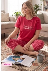 Resim Guava Kadın Düğmesiz Bisiklet Yaka Viskon Kısa Kol Kapri Pijama Takımı Basen Kapatır Tunik Boy Kapri Nar Çiçeği 