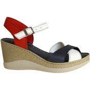 Resim Platin Multi Lacivert Deri Kadın Dolgu Topuk Sandalet 