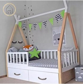 Resim Puf Bebe Unisex Çocuk Bebek Çatılı Doğal Montessori & Karyolası 