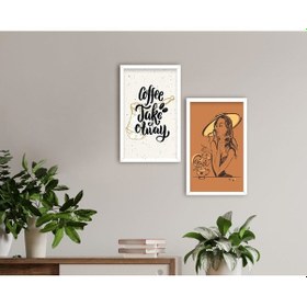 Resim Bk Home Coffee Tasarımlı Dekoratif 2'Li Ahşap Beyaz Çerçeveli Tab (551047906) 
