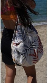 Resim KUMAŞ ÇANTALI PLAJ HAVLUSU PALMİYE DESENLİ SÜTLÜ KAHVE-KIRMIZI PALMİYE DESENLİ 90 x 160 