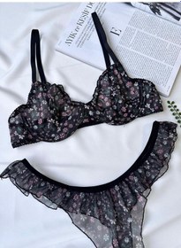 Resim Siyah Çiçek Detaylı Balenli Bralet Sütyen Set Siyah 