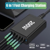 Resim 1 adet 200W GaN 6-Port USB Şarj Cihazı, Duvar PD Şarj Cihazı Güç Adaptörü 4 USB-C + 2 USB-A ile, IPhone vb. için Hızlı Şarj İstasyonu Çoklu Akıllı Cihazlar, Siyah 