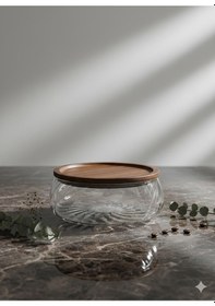 Resim Qerhome Borosilikat Cam Lüks Akasya Kapaklı Cam Kase - Sunumluk-salata Kasesi Dalgalı 22 Cm Şeffaf 