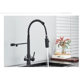 Resim Mutfak Eviye Bataryası Dual Flow Su Arıtma Çıkışlı Spiralli Fiskiyeli Siyah 