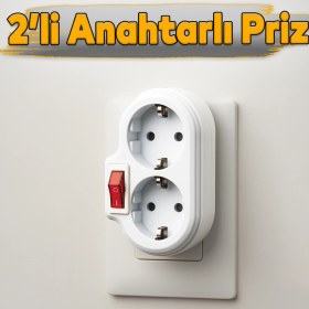 Resim Kablosuz Açma Kapamalı Anahtarlı 2'li Beyaz Grup Priz Golyat Düğmeli Fiş Topraklı Çoklu Çoğaltıcı 