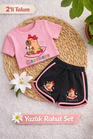 Resim Capybara 3 Baskılı Pembe Crop Siyah Şort Takım 