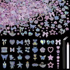 Resim 150 adet 3D Tırnak Süsleri Kelebek Fiyoğlu Yıldız Kalp Ayı Parlak Mücevherler, 3D Çiçekler ve Düz İnciler, Toplamda 400'den Fazla Sevimli Süsler ve Tırnak Sanatı Dekorasyonu için Alım Araçları (Mor) 