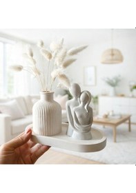 Resim Mevidecor 3 Lü Dekoratif Masa Üstü Set 10 Cm Vazo & 10 Cm Sarılan Sevgililer Biblo & 10 Cm Tepsi 3'lü Takım 