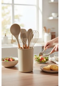 Resim Elegant 5 Parça Silikon Servis Seti Takımı - Kaşıklık Standlı Bej 