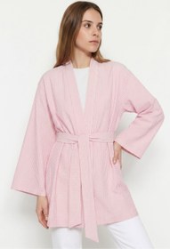 Resim Saade Kadın Dikey Çizgili Geniş Kollu Şık Yazlık Relaxed Kimono 