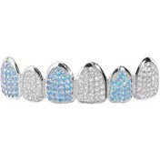 Resim Qianyi Hiphop Bling Tam Zirkon Mavi Diş Grillz Seti - Unisex Üst Ve Alt Izgaralar, Parti Takı Açık Sarı Altın Renk 