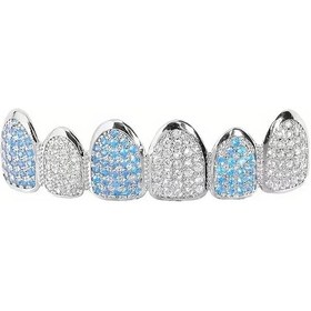 Resim Qianyi Hiphop Bling Tam Zirkon Mavi Diş Grillz Seti - Unisex Üst Ve Alt Izgaralar, Parti Takı Açık Sarı Altın Renk 