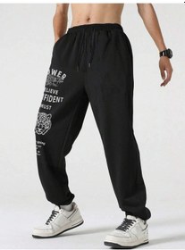 Resim Hypemode Letter Tiger & Floral Graphic Drawstring Waist Eşofman Altı Siyah 