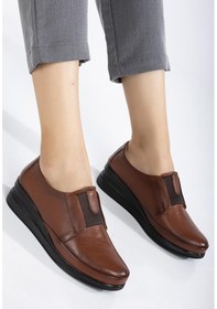 Resim Dilimler Ayakkabı Hakiki Deri Ortopedik Kadın Dolgu Topuklu Ayakkabı Taba Elastik Bantlı Bağsız-3303 Taba 