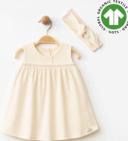 Resim Zekids Kız Bebek Organik Pamuklu Bandanalı Kolsuz Elbise-15906 Krem 