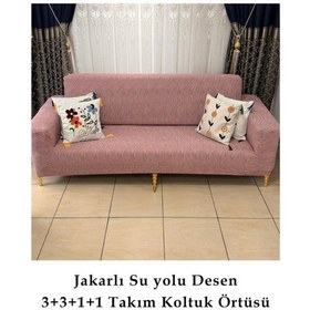 Resim Su Yolu Koltuk Örtüsü, Koltuk Kılıfı, Lastikli 3+3+1+1 Pembe Pembe 