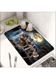 Resim 55 Cm X 45 Cm Kurt Ve Ay Işığı Tasarımı Tezgah Üstü Bulaşık Kurutma Matı Bulaşıklık Kurutma Örtüsü Çok Renkli 