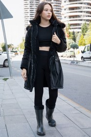Resim Cansın Mini Siyah Cep Detaylı İçi Kürklü Çıkarılabilir Kapüşonlu Kız Çocuk Şişme Mont 21337 