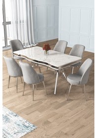 Resim Canisa Prah Serisi 90x160 Lak Panel Beyaz Mermer Desen Krom Ayak Masa Takımı 6 Gri Sandalye Beyaz Mermer Desen Masa Sandalyeler Gri 
