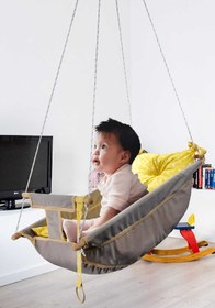 Resim Bundera Kids Gri Bebek Uyku Salıncağı Çocuk Ahşap Hamak Beşik Salıncak Minderli Yatak Seti 