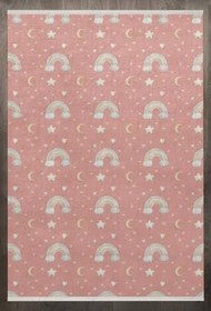 Resim Pembe Figürlü Modern Geometrik Etnik Eskitme Desenli Boho Makinada Yıkanabilir Hafif Hav Toz Vermez Leke Tutmaz Kaymaz Taban Dijital Makine Baskı Halı Oturma Odası Salon Yolluk Koridor Mutfak Halısı 