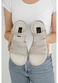 Resim Elit Rhea Kadın Hakiki Deri Düz Sandalet Bej Bej 