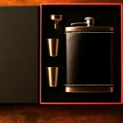 Resim Mena Rise 8 Oz 240 cc Rugan Siyah Hakiki Deri Viski Cep Matarası Shot Set Kutulu Babalar Günü Hediye 