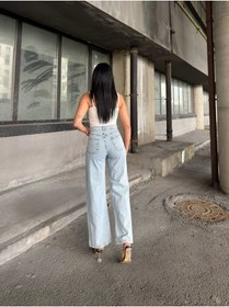 Resim Shevega Kadın Buz Mavi Çift Diz Lazer Yirtik Yüksek Bel Bol Paça Jeans Pantolon Buz Mavi 